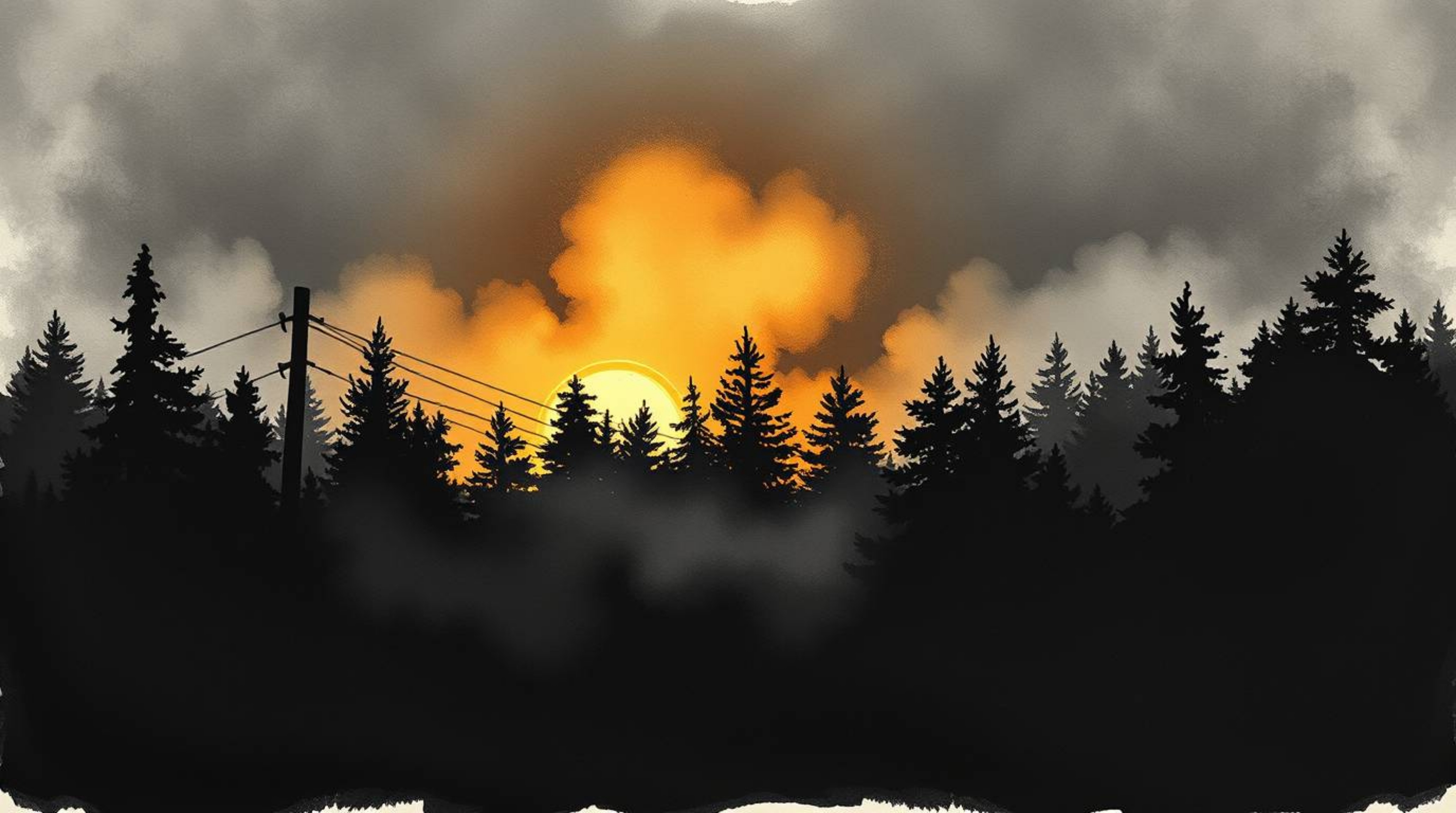 A hand-drawn sketch in a vibrant color sketchnote style depicting an intense, jet black mist rising from a forest during gold