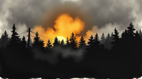 A hand-drawn sketch in a vibrant color sketchnote style depicting an intense, jet black mist rising from a forest during gold