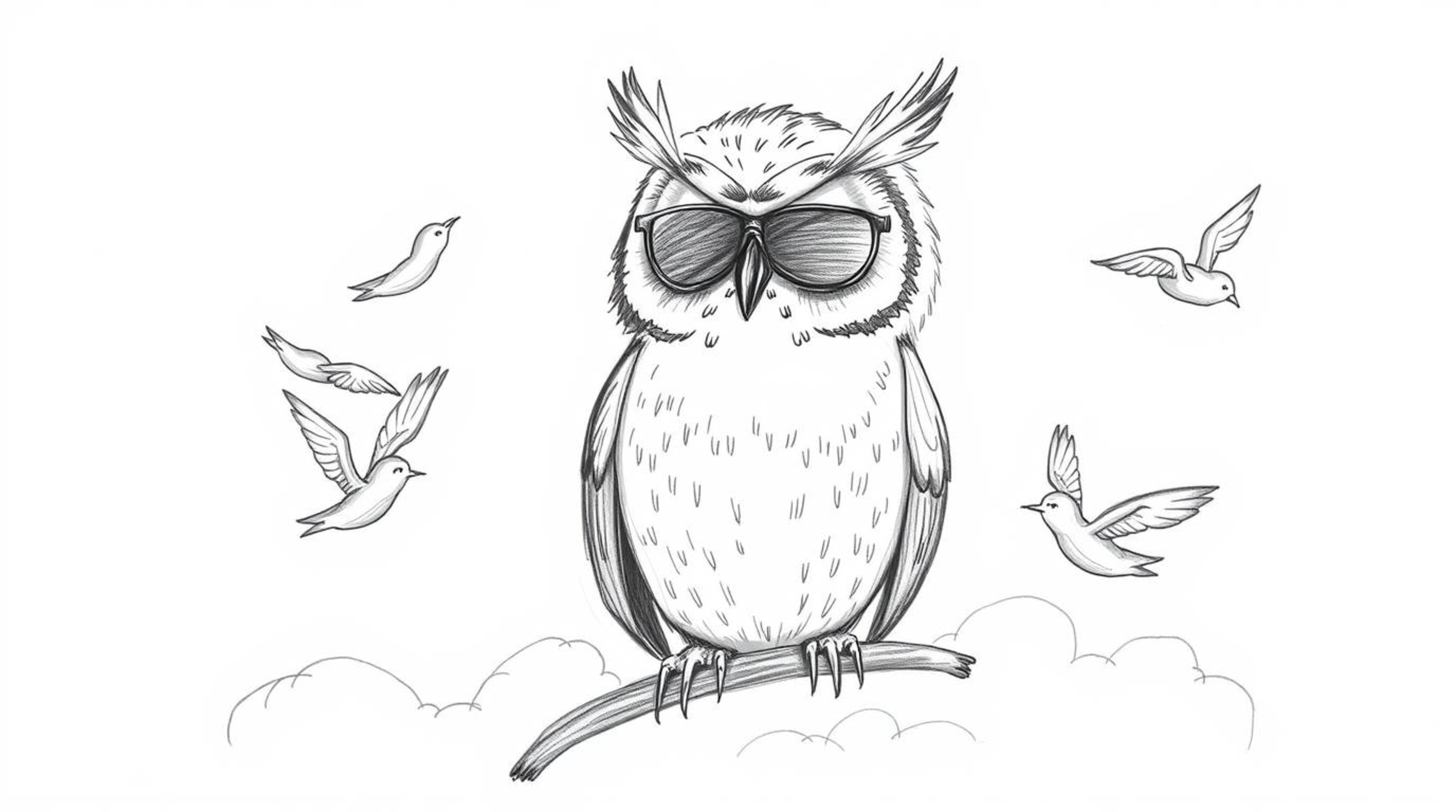 A heartwarming hand-drawn sketch in the style of Pixar depicts a blind owl, its kind eyes surrounded by expressive wrinkles, 