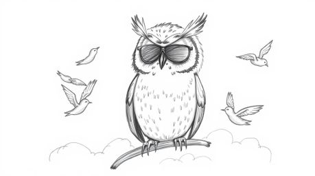 A heartwarming hand-drawn sketch in the style of Pixar depicts a blind owl, its kind eyes surrounded by expressive wrinkles, 