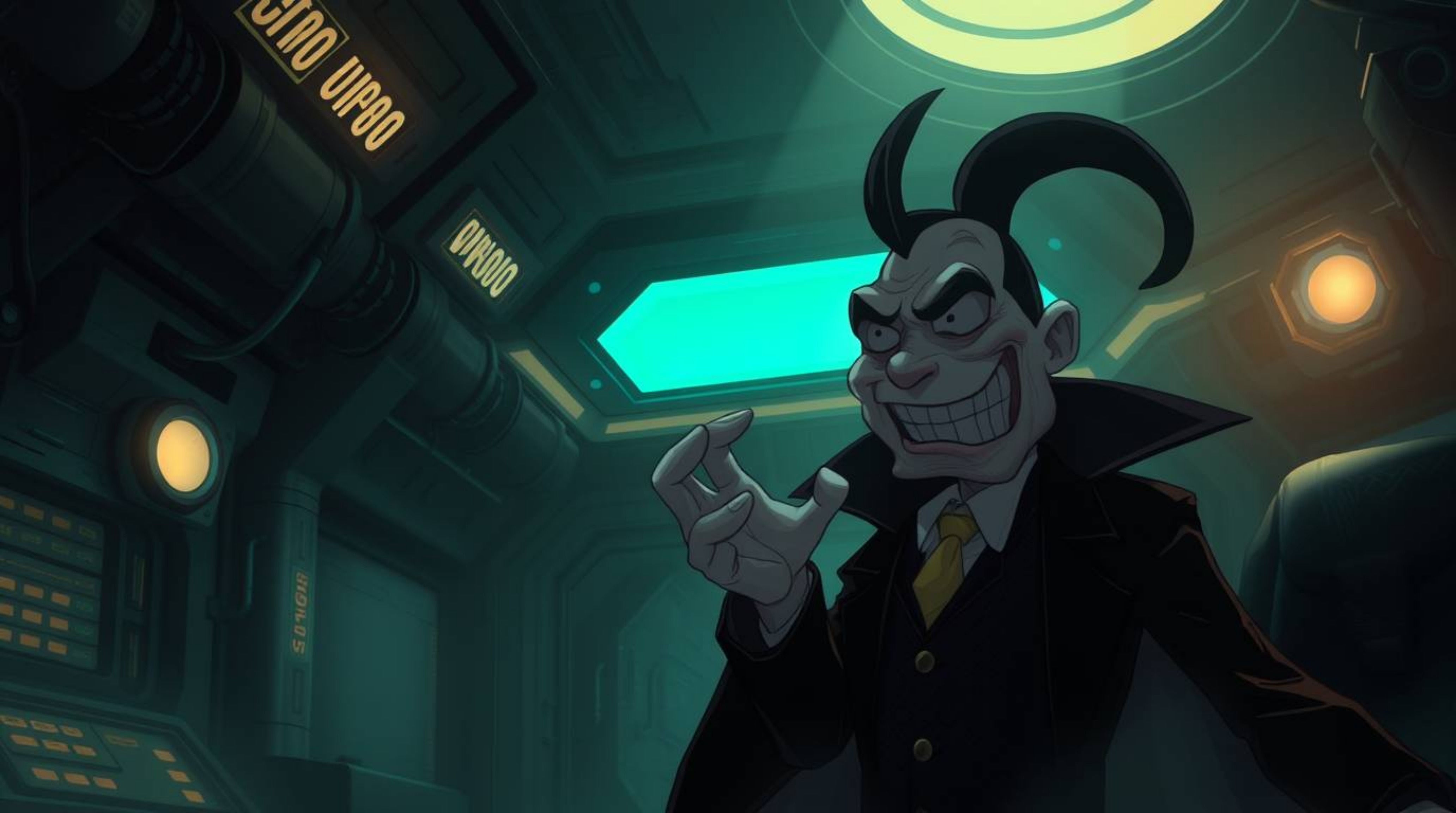 A humorous depiction of a villain with soft features experiencing a comical breakdown within a dimly lit, high-tech lair.  Th