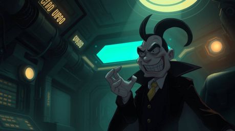 A humorous depiction of a villain with soft features experiencing a comical breakdown within a dimly lit, high-tech lair.  Th