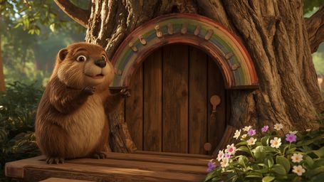 A high-resolution stock photo captures a beaver with shiny brown fur and a gentle smile, meticulously crafting a perfect tree