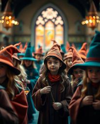 Discover the enchanting world of a magical school brimming with young wizards.  This captivating image features a warm terrac
