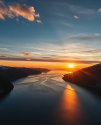 A high-resolution stock photo, taken from a bird's-eye view, showcasing a commercial-quality image of a sunset reflected in a