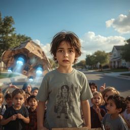 A captivating high-fashion photograph in the style of Pixar depicts a young boy with messy brown hair, wearing a faded astron