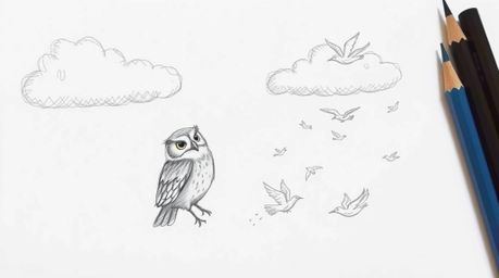 A charming, hand-drawn Pixar-style sketch portrays a blind owl with a soft, feathery texture, guiding a flock of birds in the