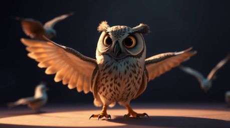 A heartwarming scene depicting a blind owl, rendered in a delightful Pixar style, imparting the wisdom of flight to a group o
