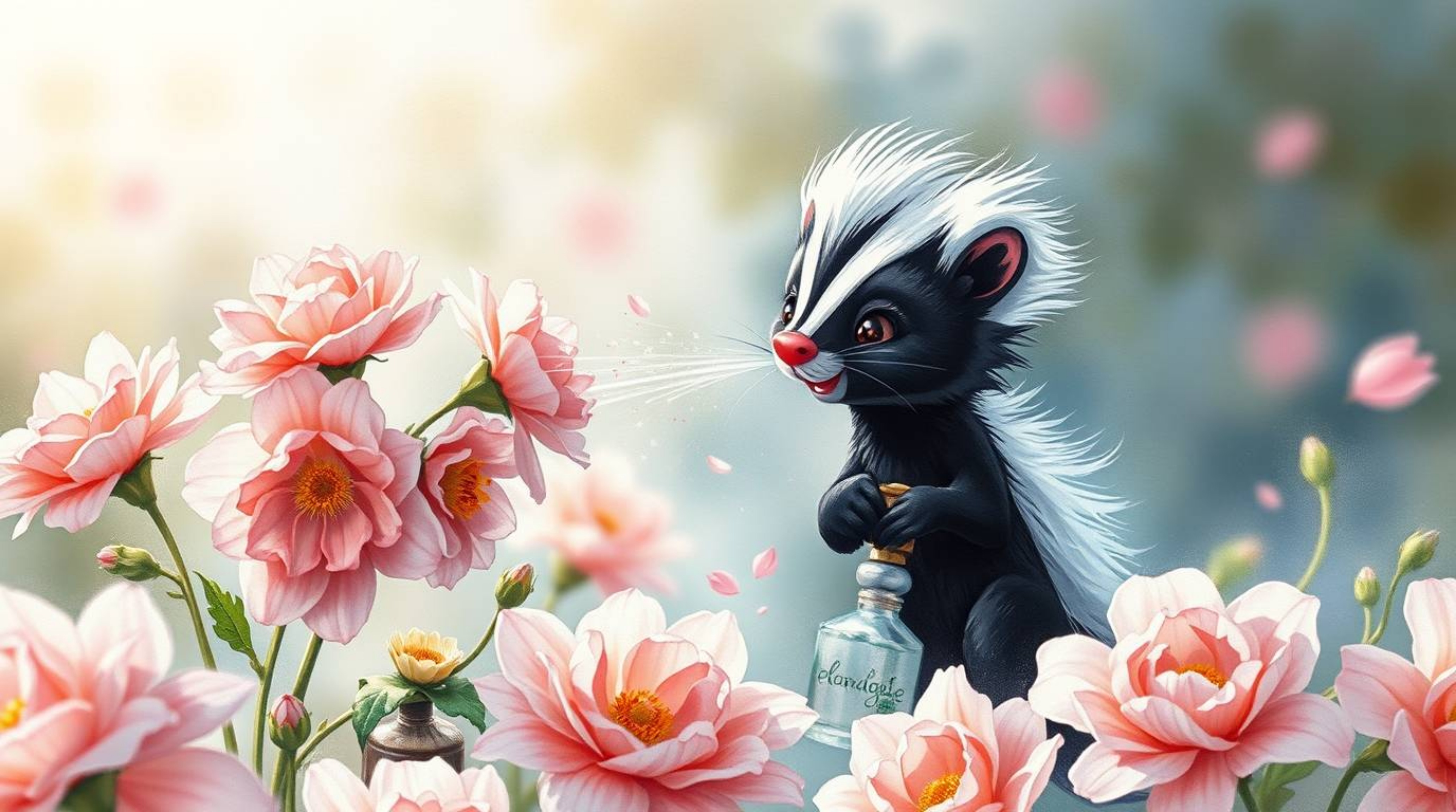 A delicate watercolor painting featuring a cartoon skunk playfully spraying perfume on flowers. The artwork utilizes transluc