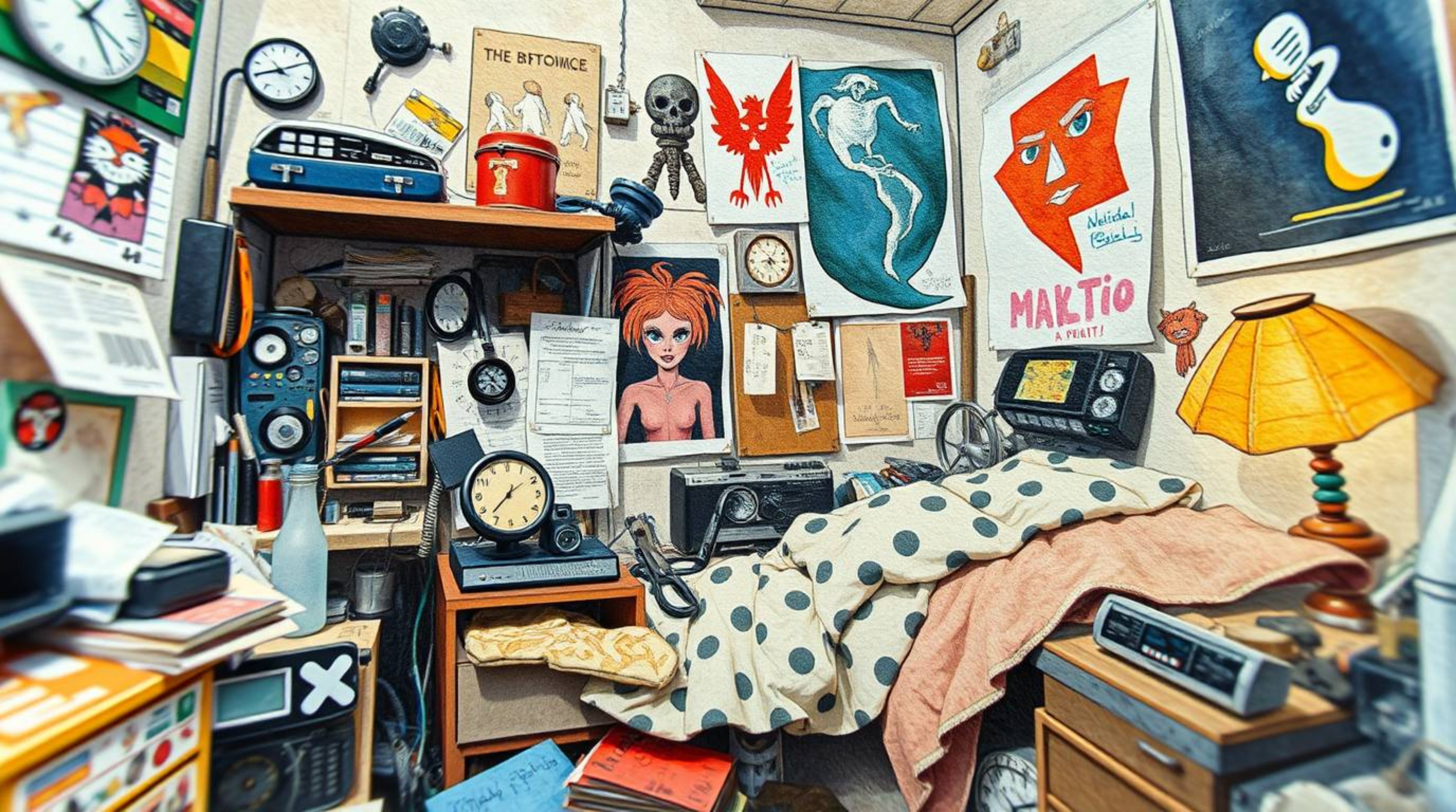 This image showcases an extreme macro close-up of a cluttered bedroom filled with unusual gadgets and posters. Rendered in de
