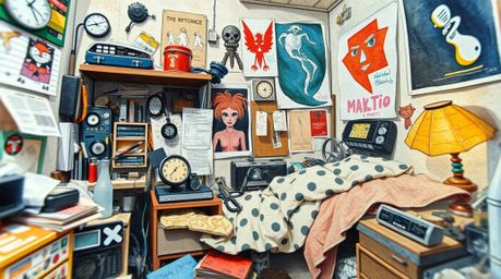This image showcases an extreme macro close-up of a cluttered bedroom filled with unusual gadgets and posters. Rendered in de