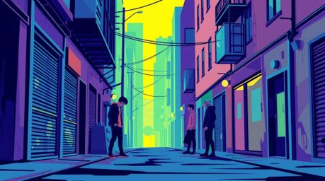 Explore a cool and modern flat design depicting a grungy city alley inhabited by rebellious teens rendered as simple two-dime