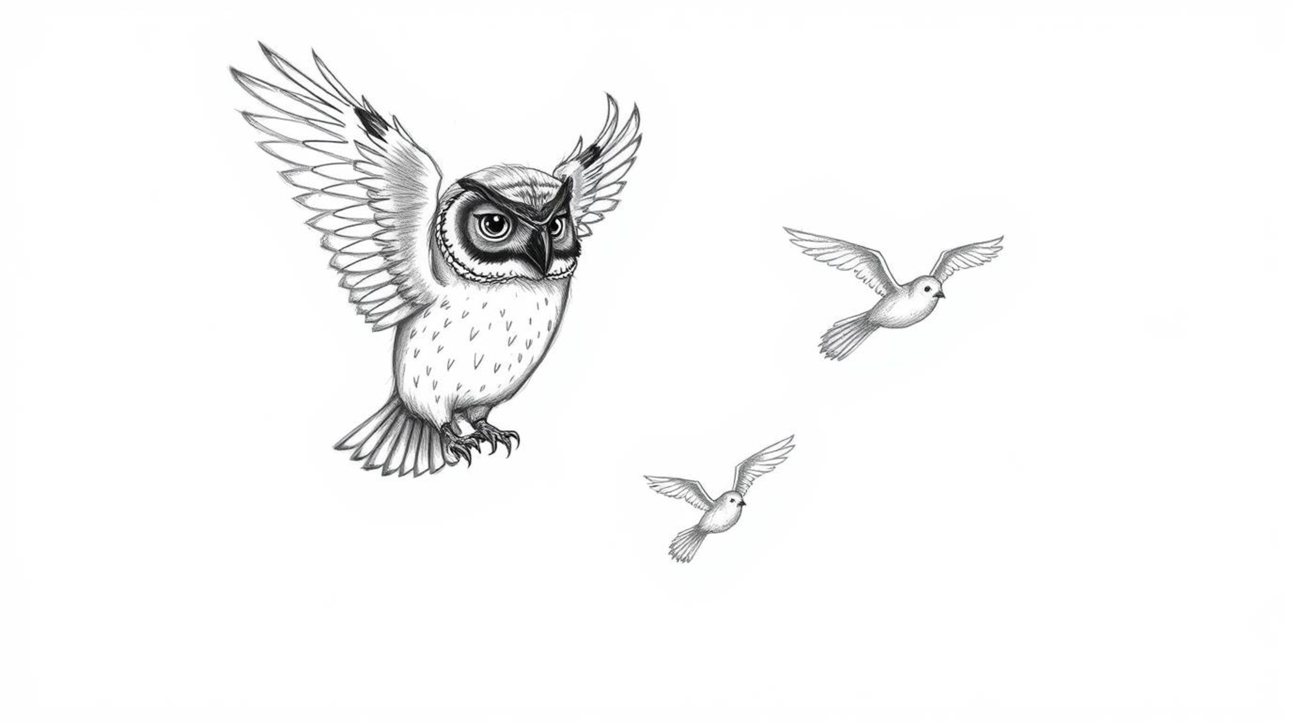 A heartwarming Pixar-style hand-drawn sketch depicts a blind owl, with subtly textured feathers, guiding birds in flight. The