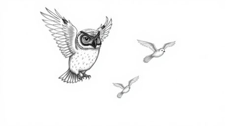 A heartwarming Pixar-style hand-drawn sketch depicts a blind owl, with subtly textured feathers, guiding birds in flight. The