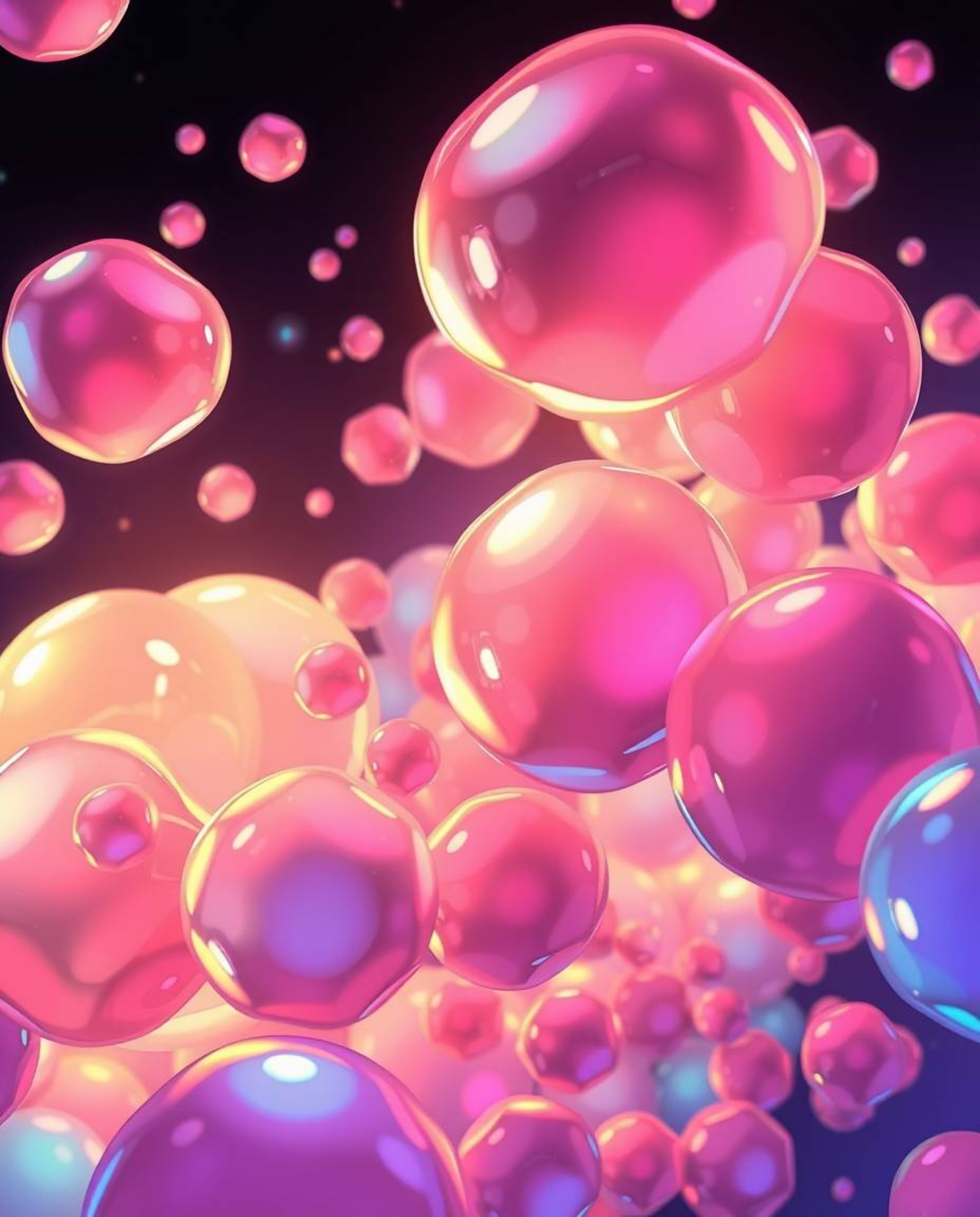 An Isekai anime-inspired illustration showcases intensely lit, floating 3D blobs of fluid jelly in a captivating display of v