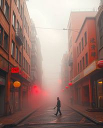 A captivating surreal street scene featuring buildings that appear to be folding and twisting amidst a thick fog, rendered wi