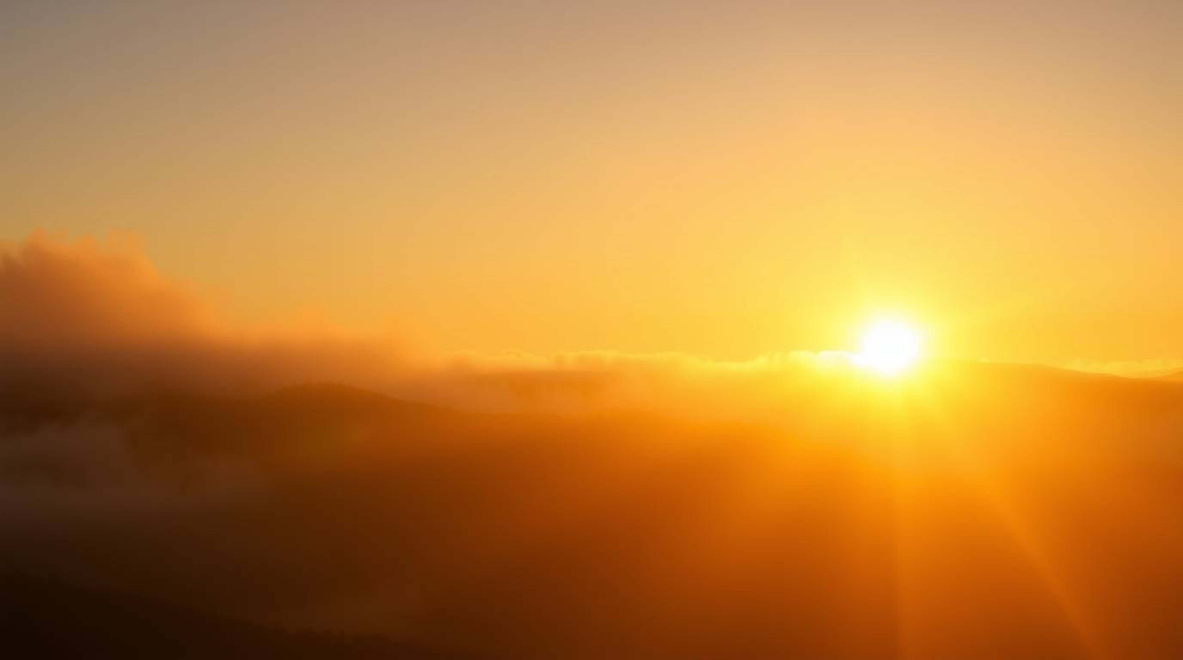 Experience the radiant and luxurious feel of warm golden light breaking through fog-covered hills. This artwork features crea