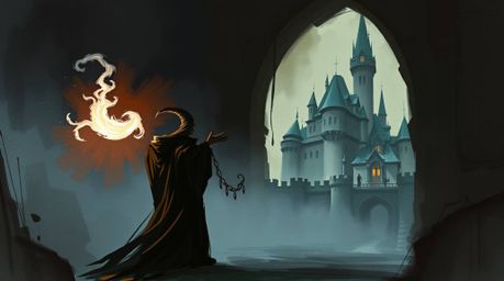 A rough, dynamic digital sketch depicting a classic Disney villain casting a spell within an old castle.  Loose, painterly st