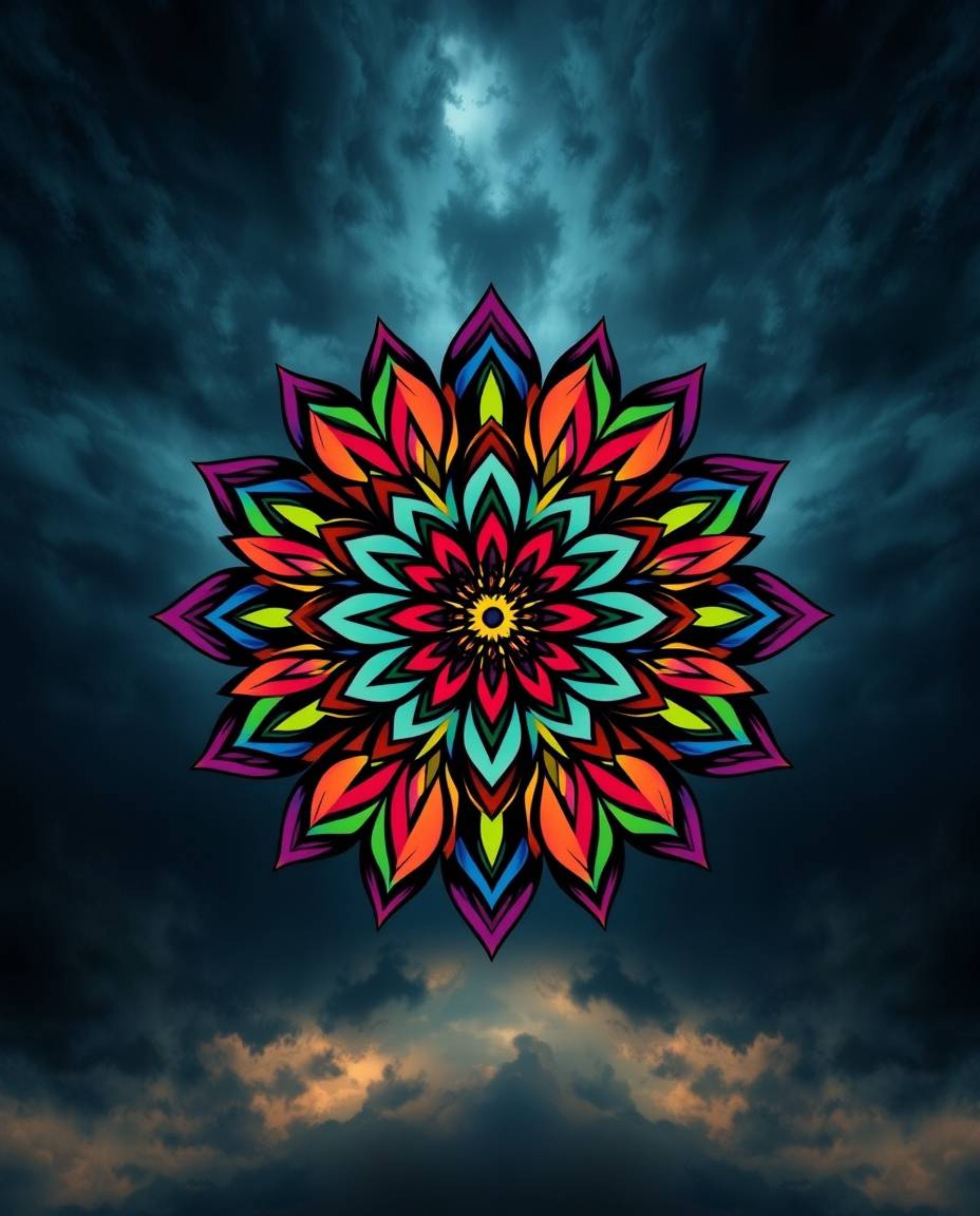This captivating design features a geometric floral mandala rendered in vibrant colors and a perfectly symmetric arrangement.