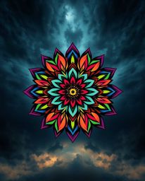 This captivating design features a geometric floral mandala rendered in vibrant colors and a perfectly symmetric arrangement.