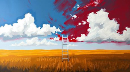 This collection features bold acrylic paintings depicting minimalist scenes, often showcasing a silver ladder in an open fiel