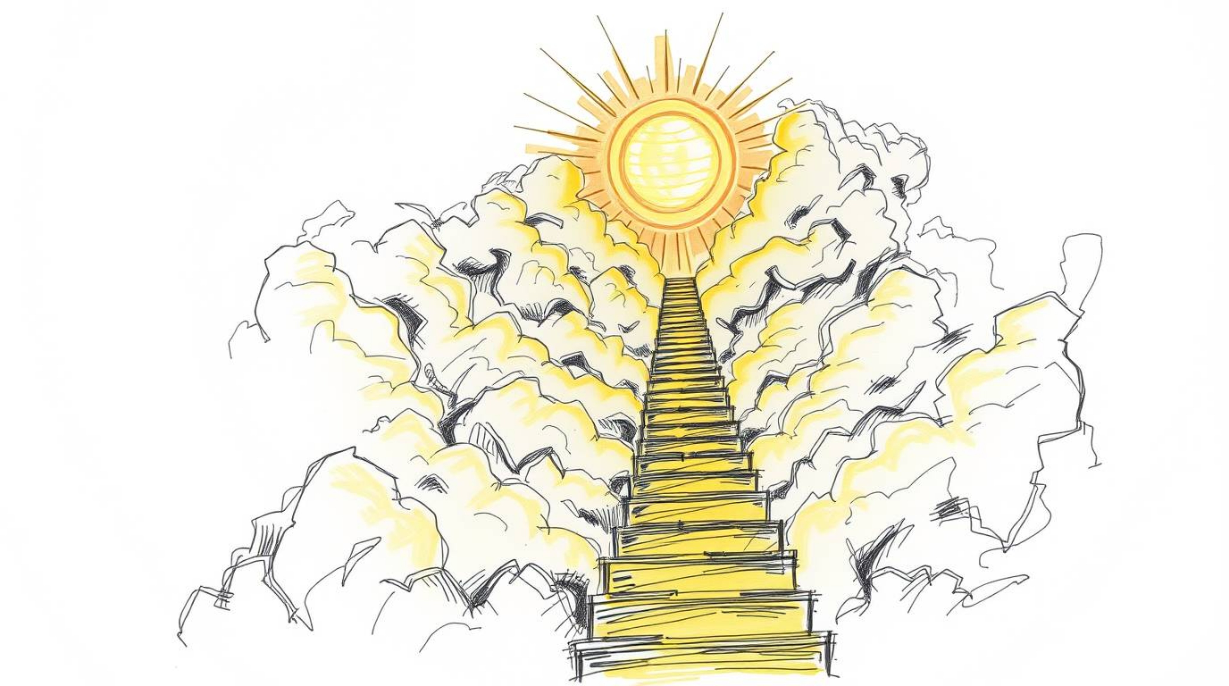 A hand-drawn sketch depicts a golden staircase ascending through clouds towards a glowing heaven. Sunlight pierces the sky, c