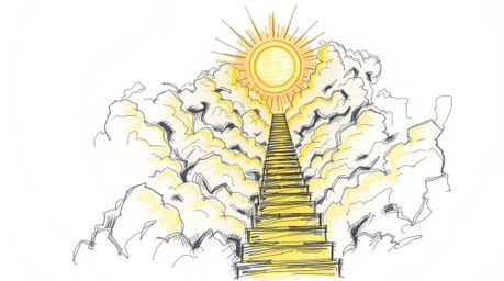 A hand-drawn sketch depicts a golden staircase ascending through clouds towards a glowing heaven. Sunlight pierces the sky, c