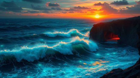 Experience the breathtaking beauty of bioluminescent waves crashing against majestic cliffs during a vibrant sunset in this d