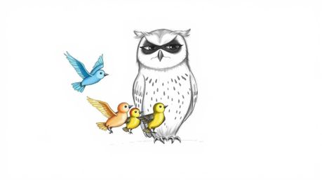 This image depicts a heartwarming scene: a blind owl, rendered in the charming style of Pixar, calmly sits against a pristine