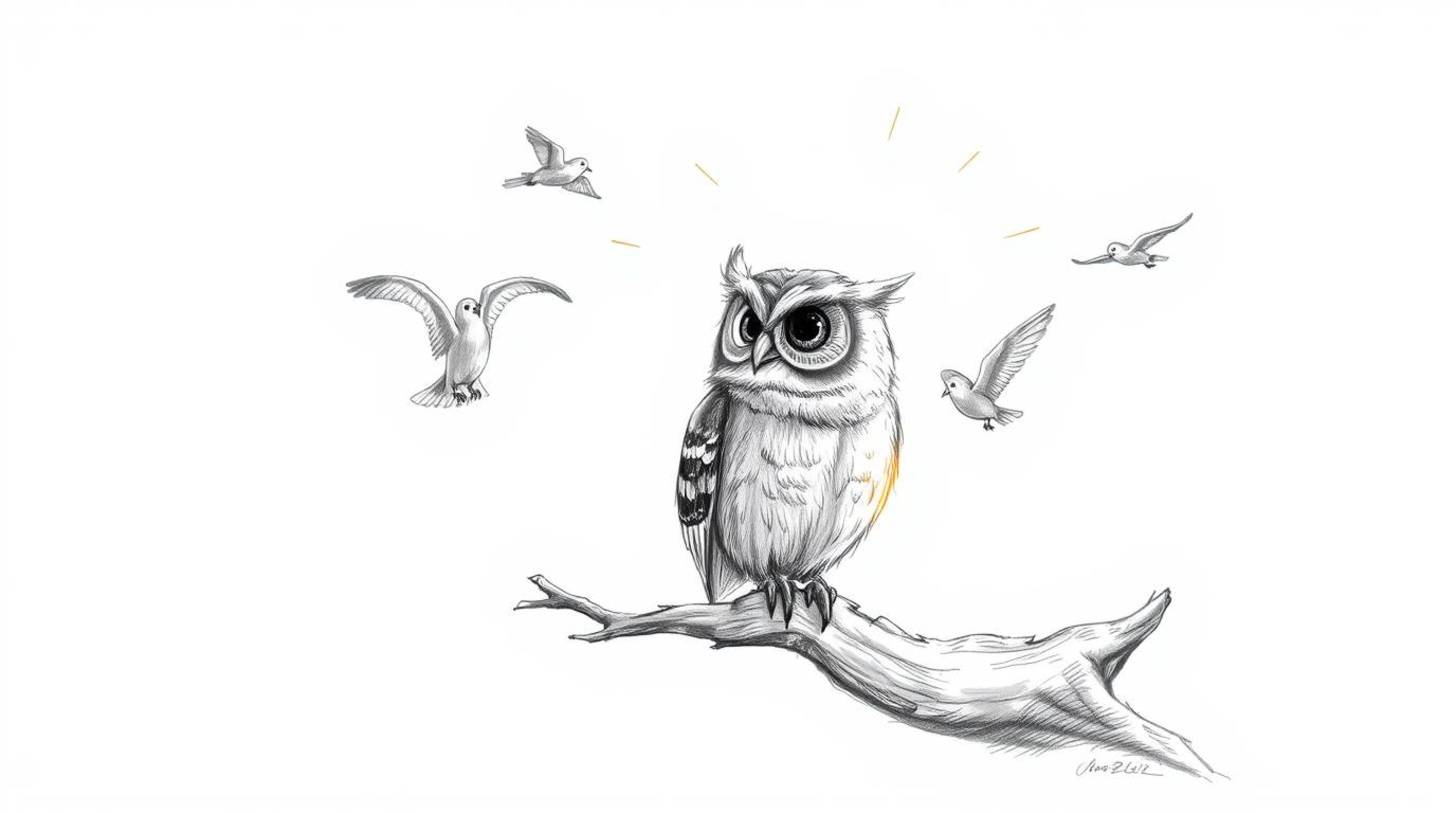A whimsical, hand-drawn sketch in a textured pencil style reminiscent of Pixar depicts a blind owl with feathers glowing in a