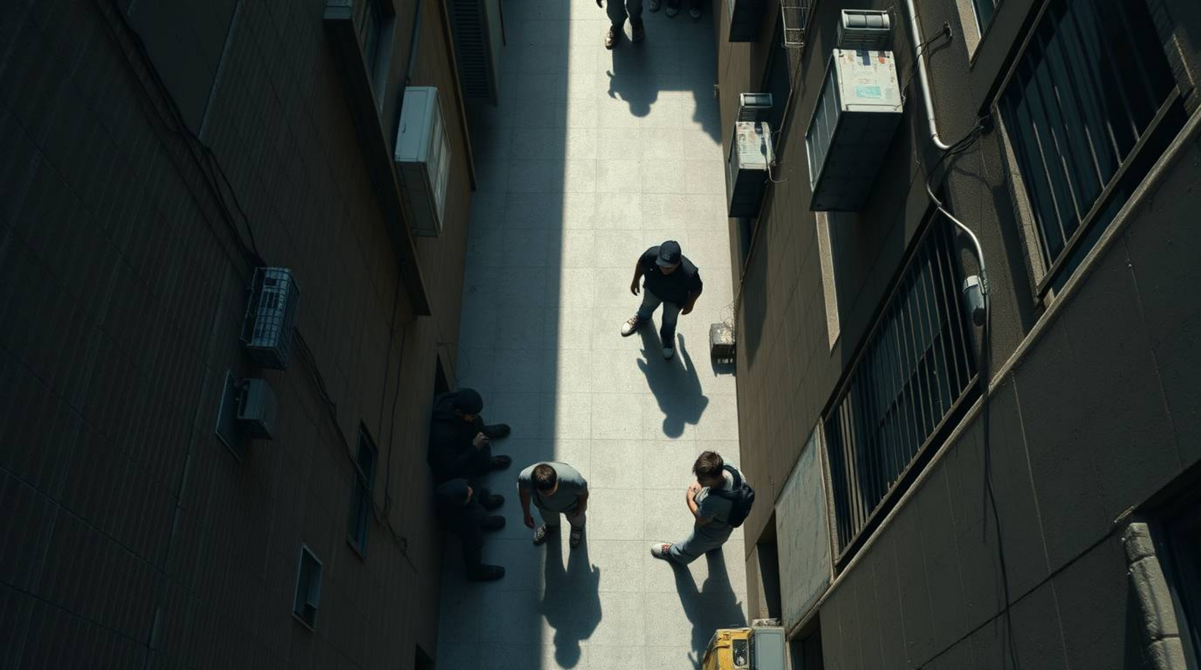 A captivating top-down shot reveals a grungy city alley teeming with rebellious teens.  Harsh overhead lighting casts dramati