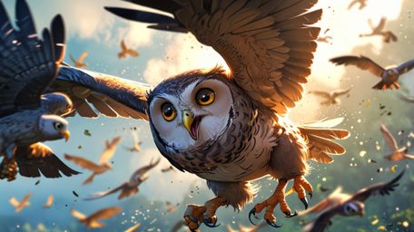 In a heartwarming and bustling scene, created with the emotive charm of Pixar and the dynamic style of anime, a wise blind ow