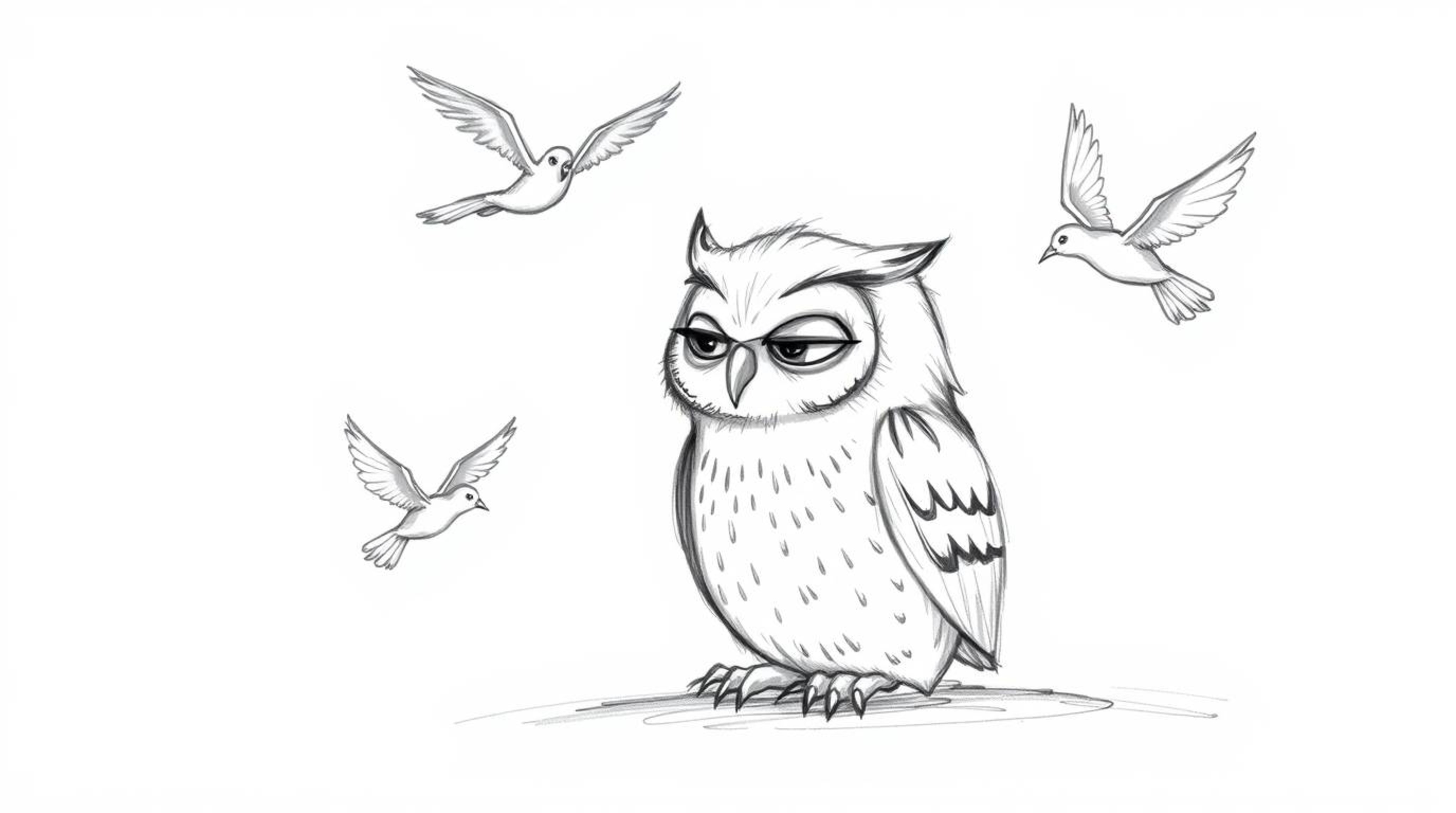 A heartwarming hand-drawn sketch in the style of Pixar depicts a blind owl with soft, expressive features patiently teaching 