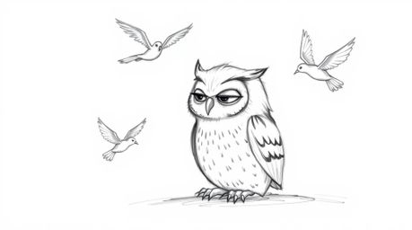 A heartwarming hand-drawn sketch in the style of Pixar depicts a blind owl with soft, expressive features patiently teaching 