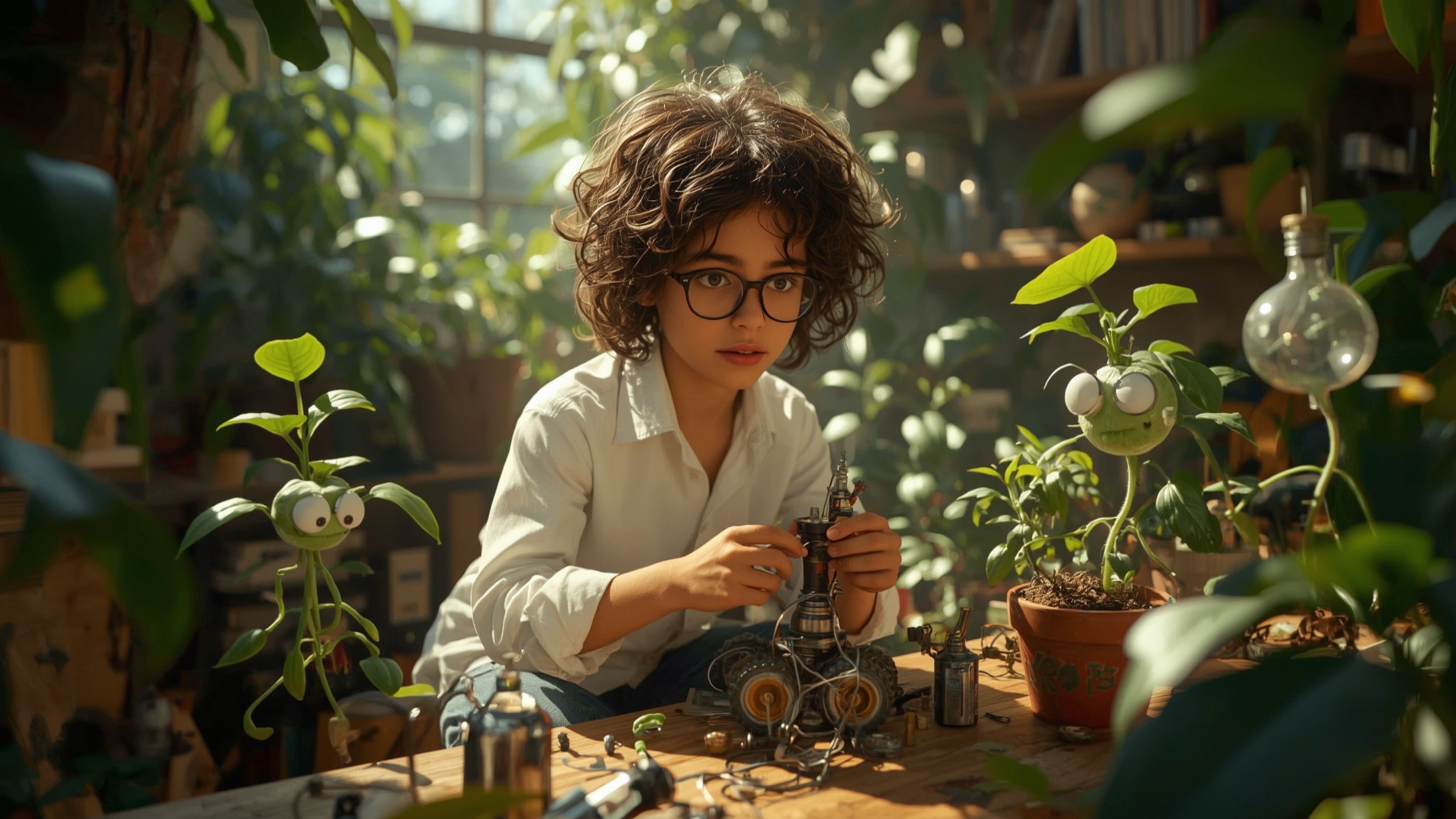 A high-resolution stock photo, reminiscent of a Pixar animation, shows a bright-eyed, bespectacled young genius in a sunlit, 
