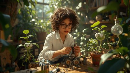 A high-resolution stock photo, reminiscent of a Pixar animation, shows a bright-eyed, bespectacled young genius in a sunlit, 
