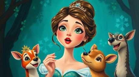 This captivating acrylic painting depicts a princess with striking emerald green eyes, singing joyfully to forest animals in