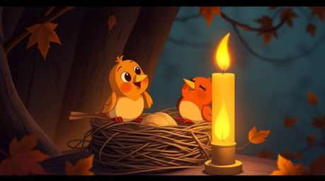 Experience the warmth of autumn with two cartoon birds diligently building a nest in a classic animation style. The scene is