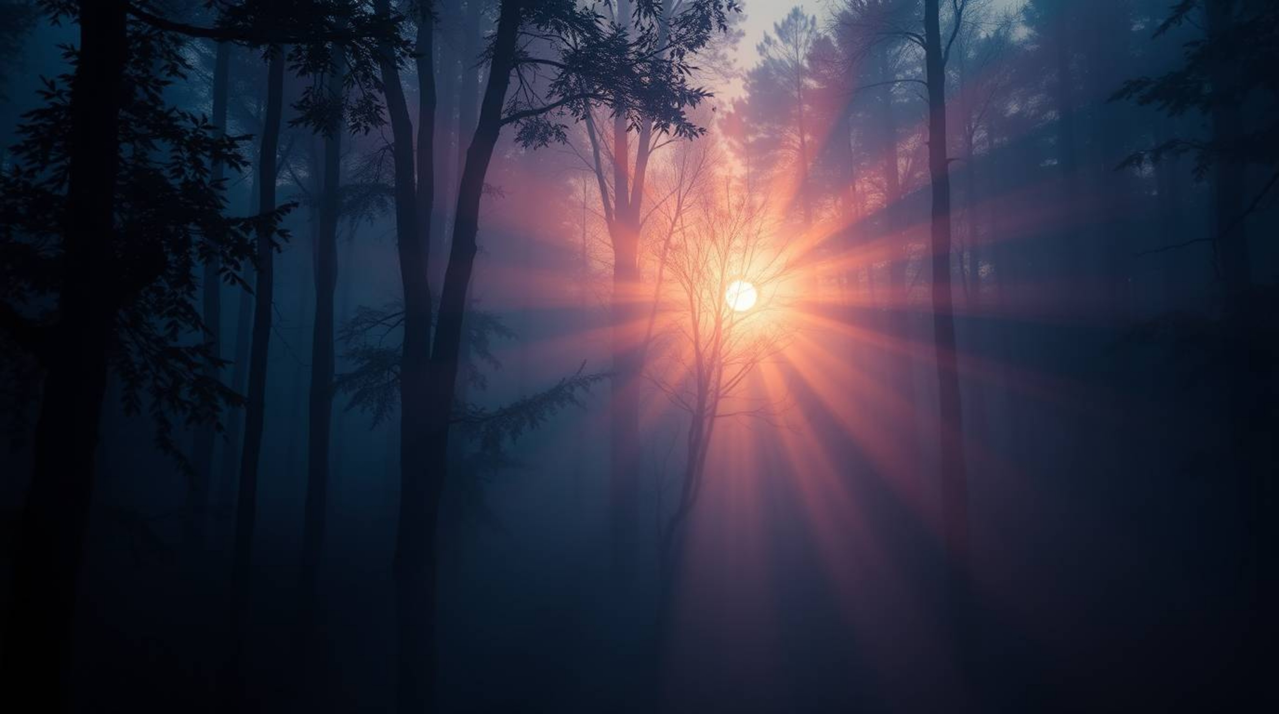 Experience the ethereal beauty of a sunset filtering through a dense forest.  This captivating scene features volumetric ligh