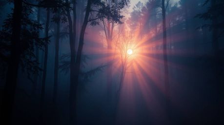 Experience the ethereal beauty of a sunset filtering through a dense forest.  This captivating scene features volumetric ligh