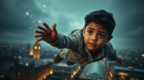 This high-resolution stock photo captures a compelling scene of a young boy with olive skin and dark eyes soaring above Londo