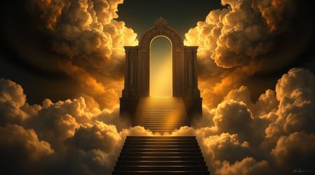 A breathtaking fantasy realism painting depicts an elegant Heavenly gate hovering above ethereal clouds.  Stairs ascend towar