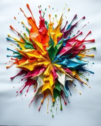 This artwork features an intricate origami-style design showcasing a vibrant explosion of colorful paint splashes on a pristi