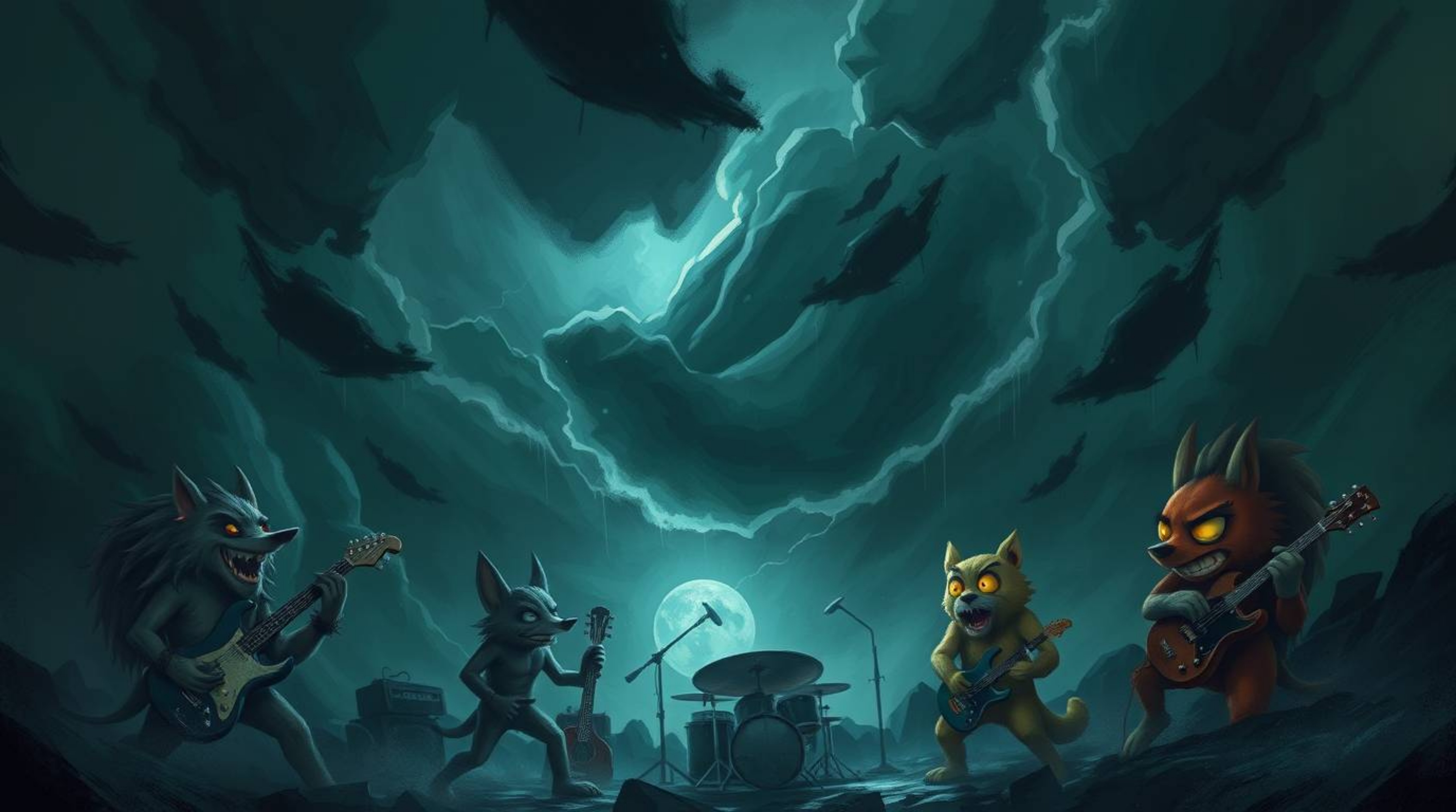 A digital painting capturing an intense and dramatic scene, featuring eerie and creepy atmosphere conveyed through dark tones
