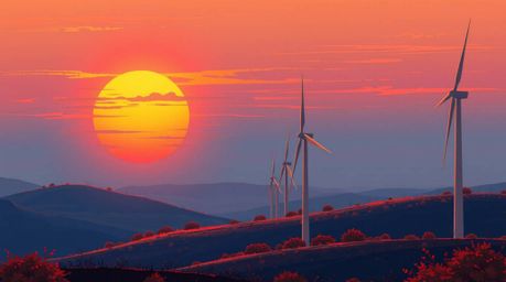 A digital painting capturing a serene sunset behind a line of wind turbines perched atop a hill, rendered in a palette of war