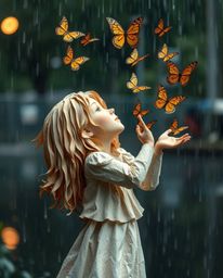 A captivating layered papier-mâché sculpture depicts a girl releasing butterflies into a wet, rainy scene. The artwork showca