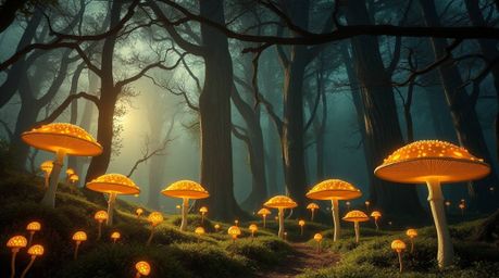 Experience an epic scene of a vintage-style enchanted forest brought to life with glowing mushrooms, all depicted in a modern