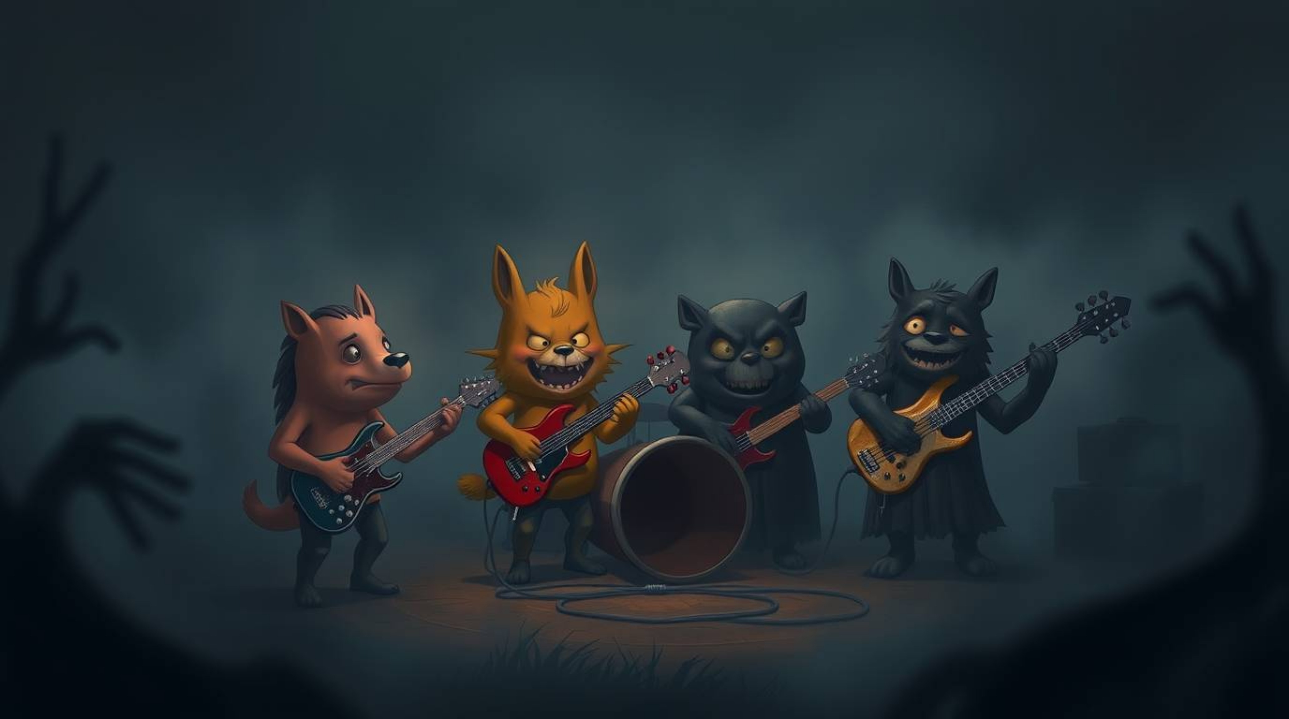 A chilling and captivating depiction showcases a cartoon band of animals immersed in a thick fog while playing rock music. Th