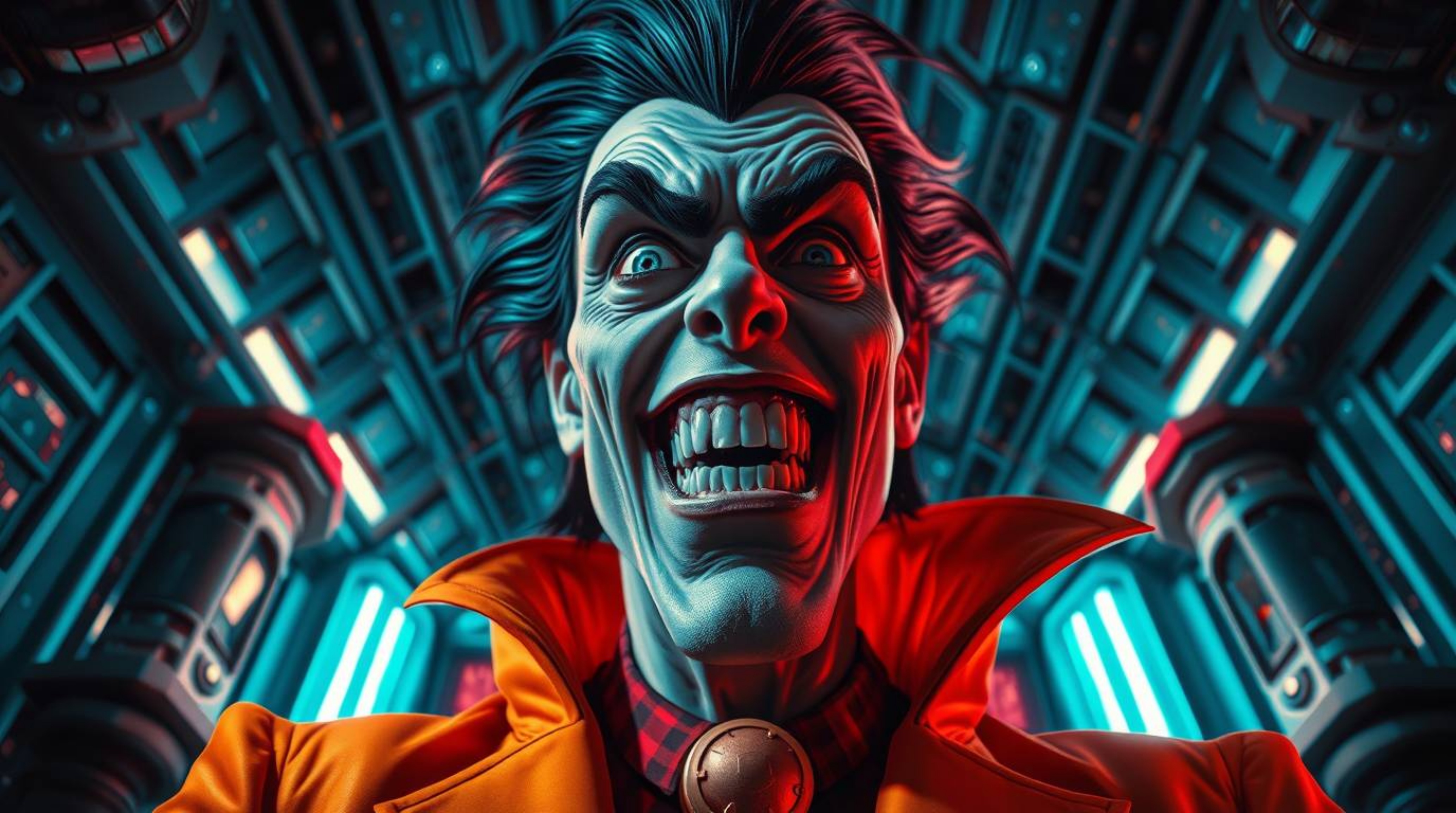 A villain with striking features experiences a hilarious breakdown within a high-tech lair, captured from a low angle perspec