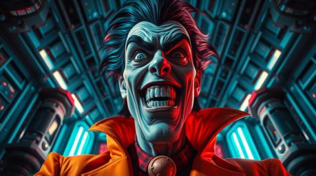 A villain with striking features experiences a hilarious breakdown within a high-tech lair, captured from a low angle perspec
